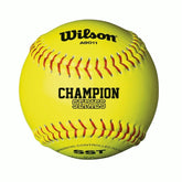 Close-up of the Wilson AA1 Softball Champion Series, showcasing its vibrant yellow color and championship logo.